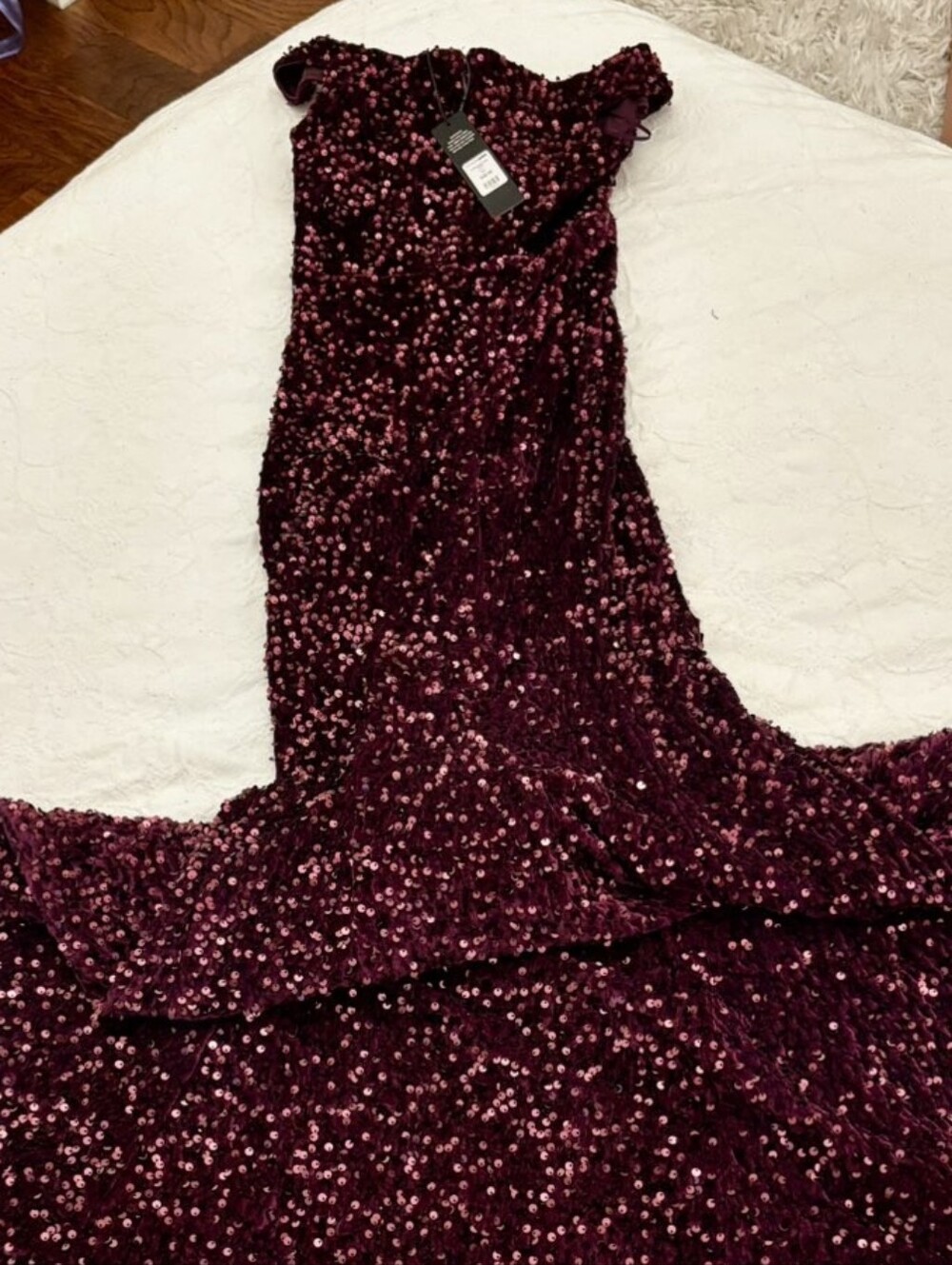 Fashion Nova Off-Shoulder Sequin Mermaid Gown in Deep Plum - Picture 4 of 4